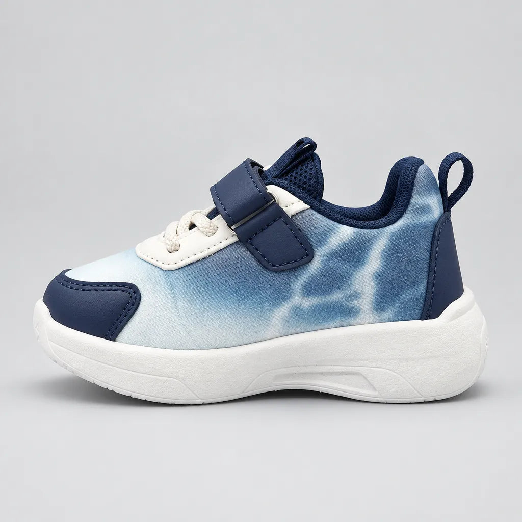 Navy and blue No.1 light-up kids sneaker with blue No.1 sole detail, outer side view