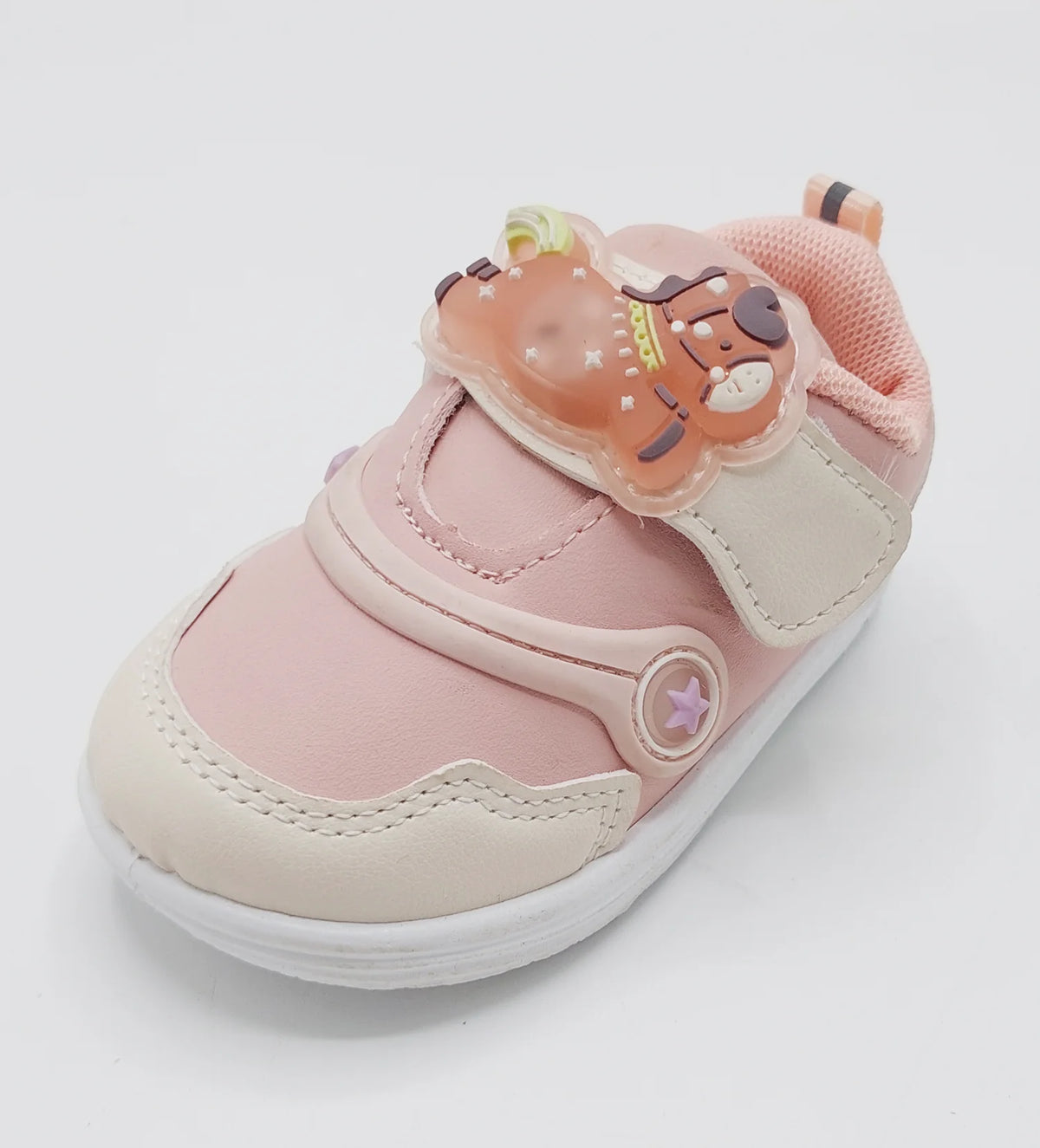 Front view of deep burgundy Glow Bear kids shoes with bear-detail straps