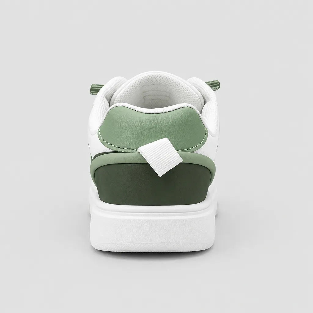 Rear view of Pale Green DuoTrim kids sneaker showing green heel trim and white pull tab