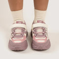Maroon and pink kids chunky sneakers, front view showing wide straps and elastic-style laces