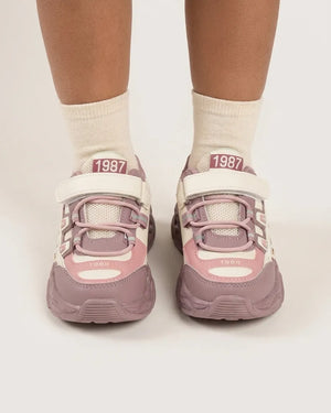 Maroon and pink kids chunky sneakers, front view showing wide straps and elastic-style laces