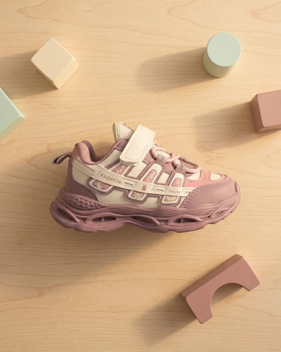 Maroon and pink kids chunky sneakers worn by a child on a display platform