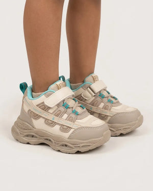 Blue and cream kids chunky sneaker, side profile with wide strap and chunky sole
