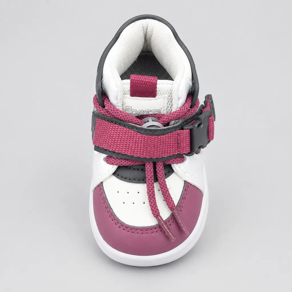 Kids high-top sneakers in white and burgundy with hook-and-loop straps