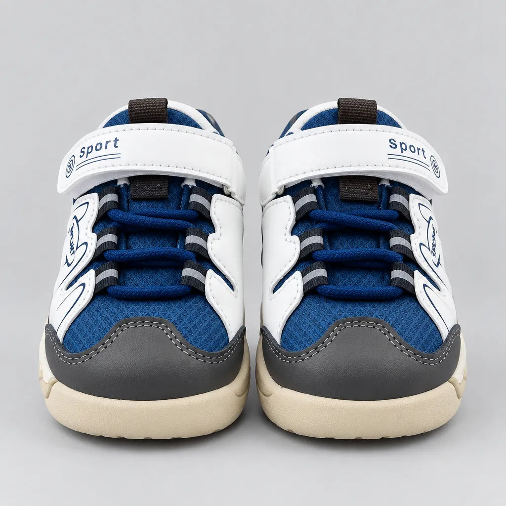 Top view of navy and white kids sport sneaker with hook-and-loop strap
