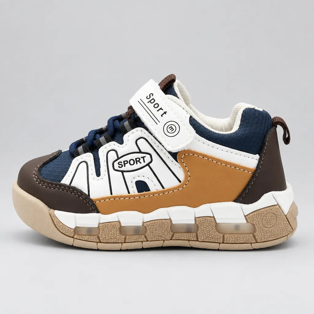 Beige textured outsole of kids sport sneaker showing size 23