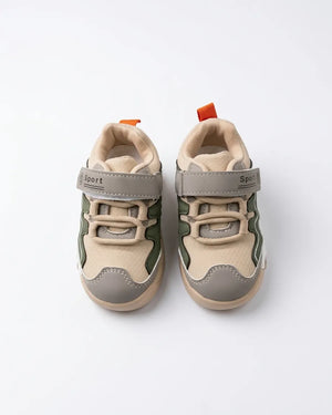 Beige and olive kids sneakers with hook-and-loop strap, side view