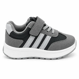 Front view of grey and black kids’ sneakers with hook-and-loop straps and lace-style fronts