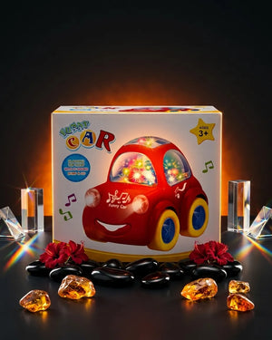 Funny musical bump & go toy car gift box with red flashing car and blue wheels