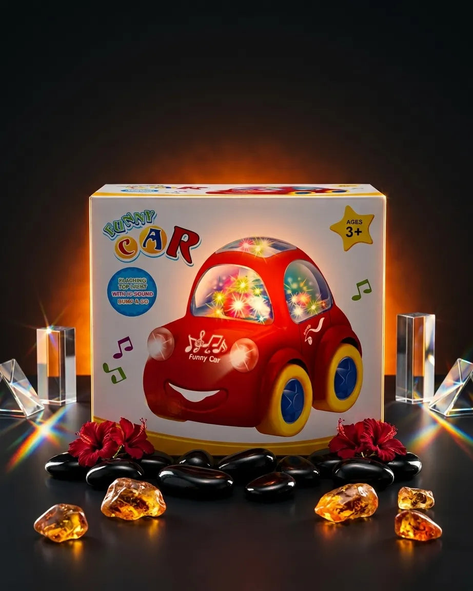Funny musical bump & go toy car gift box with red flashing car and blue wheels