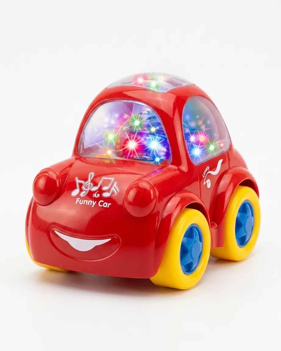 Red flashing musical toy car with colorful lights inside windows and blue/yellow wheels