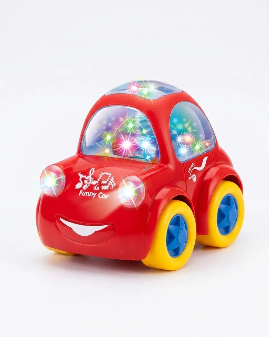 Three-quarter view of red toy car with colorful flashing lights and blue/yellow wheels