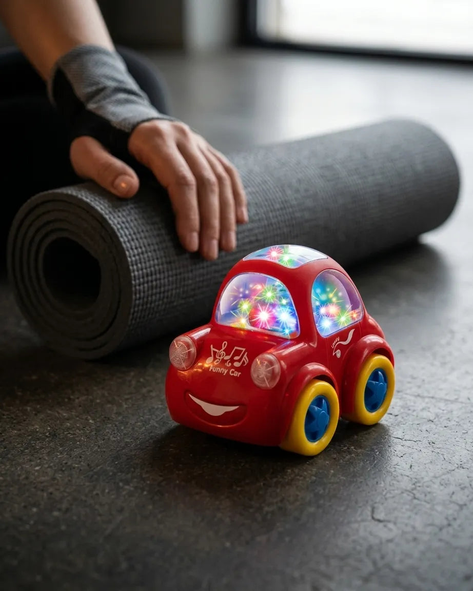 Red flashing toy bump car with colorful lights on a gray floor near a yoga mat