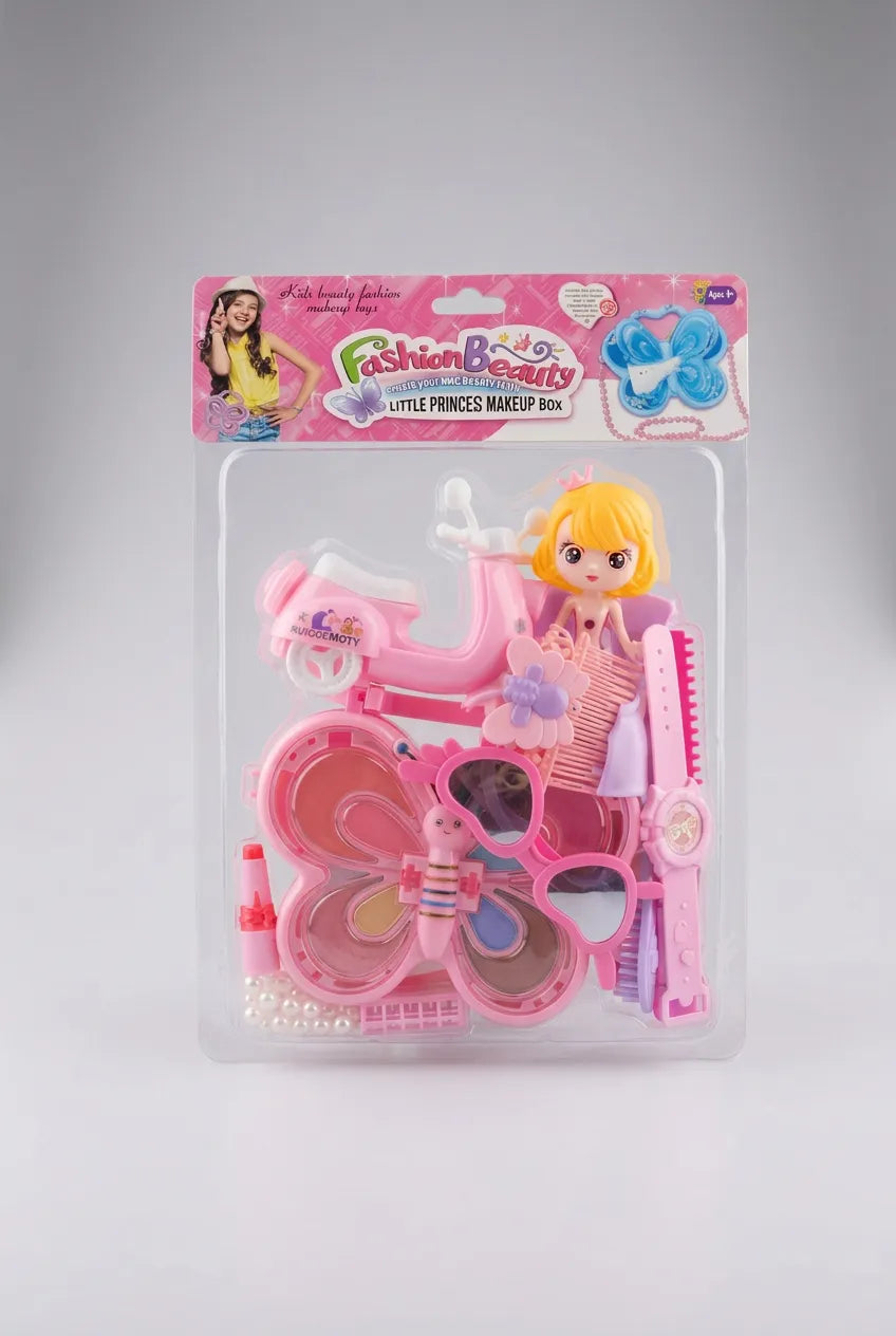 Pink butterfly beauty playset with doll, palette-style case, comb, brush, glasses and dressing-up accessories