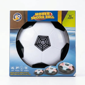 Hover soccer ball retail box, showing ball with black rim and white panels