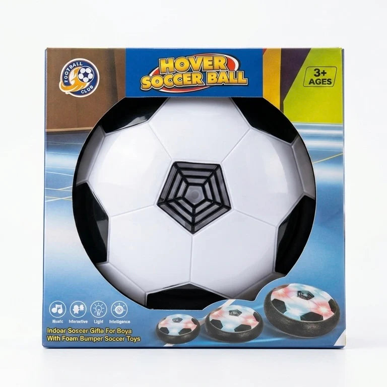 Hover soccer ball retail box, showing ball with black rim and white panels