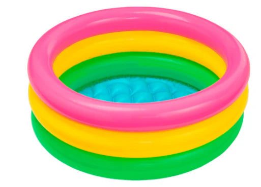 Multicolor inflatable baby pool with three rings: pink, yellow, and green