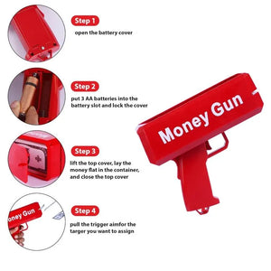 Red Super Gun money shooter shown dispensing illustrated paper play notes