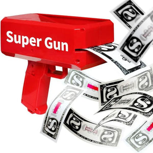 Red Money Gun with illustrated instructions for inserting three AA batteries and loading paper notes