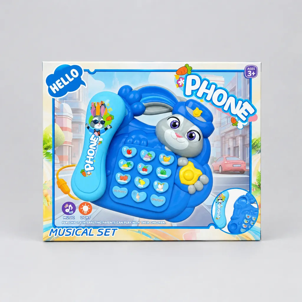 Bunny musical phone in its box showing music and light features and ages 3 plus