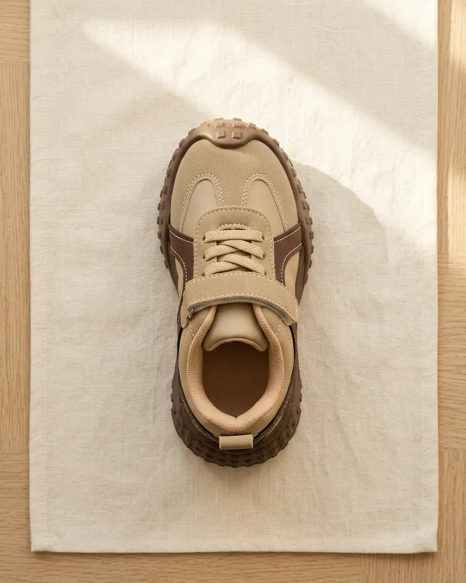 Cruise beige and brown kids chunky sneakers with padded collars and textured soles
