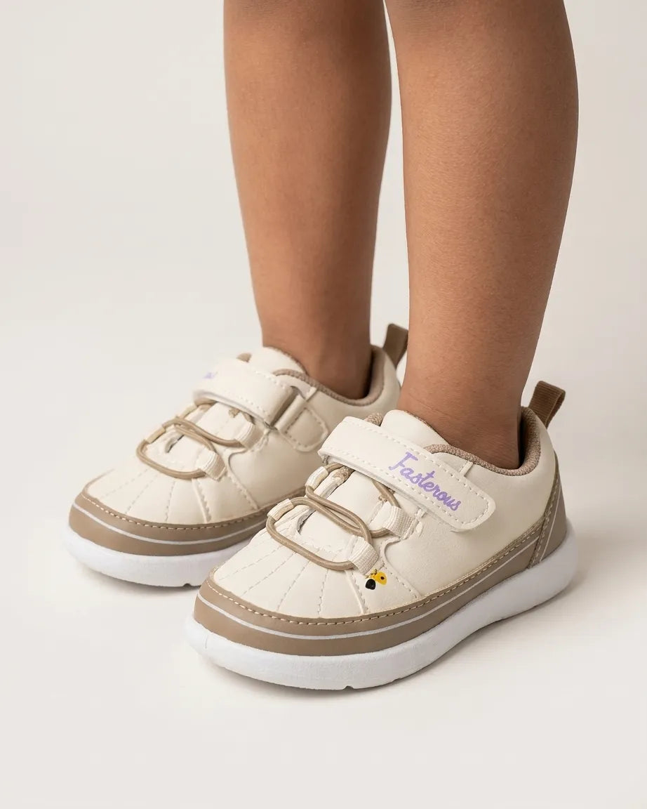 Kids cartoon dinosaur sneakers in pink with double elastic lace-style detail and hook-and-loop strap