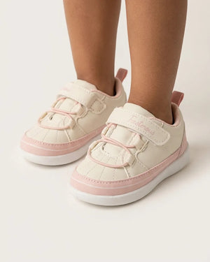 Kids cream and grey cartoon sneakers with strap fastening and white sole