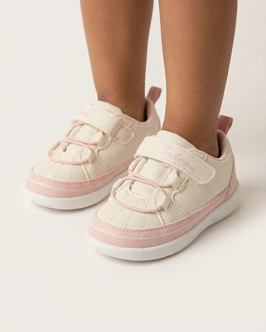Kids cream and grey cartoon sneakers with strap fastening and white sole