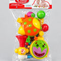 Baby Concert rattle toy pack with colourful rounded rattles, smiling handled toy and trumpet-shaped piece