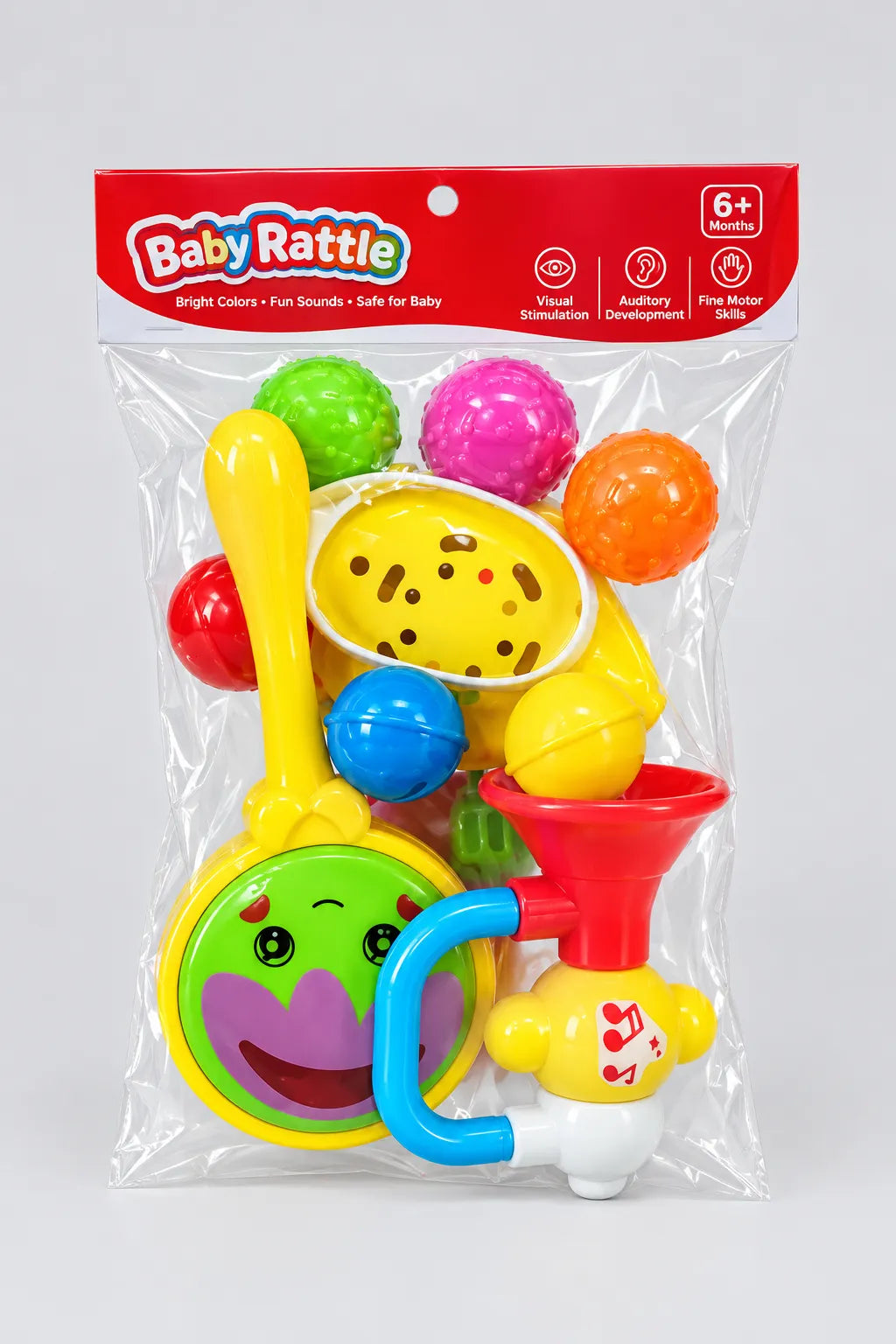 Baby Rattle pack with colourful textured balls, yellow handled smiling toy and red trumpet-shaped piece