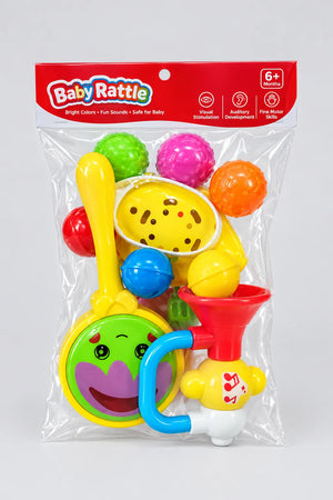 Baby Rattle pack with colourful textured balls, yellow handled smiling toy and red trumpet-shaped piece