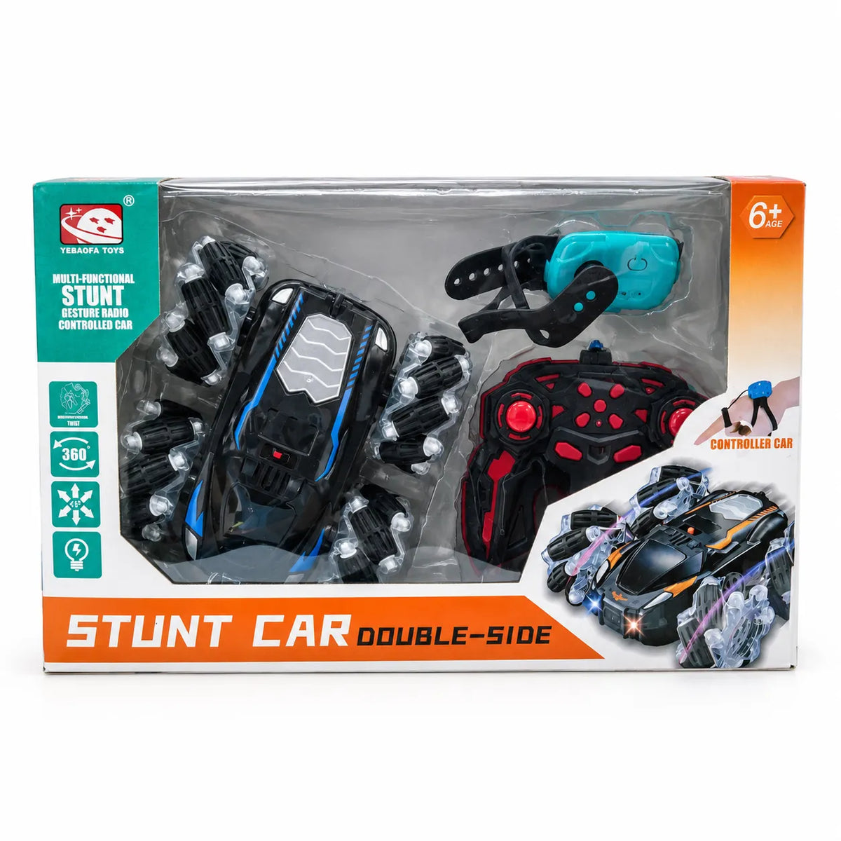 Boxed double-sided stunt car with handheld remote and turquoise gesture-control watch, marked ages 6+