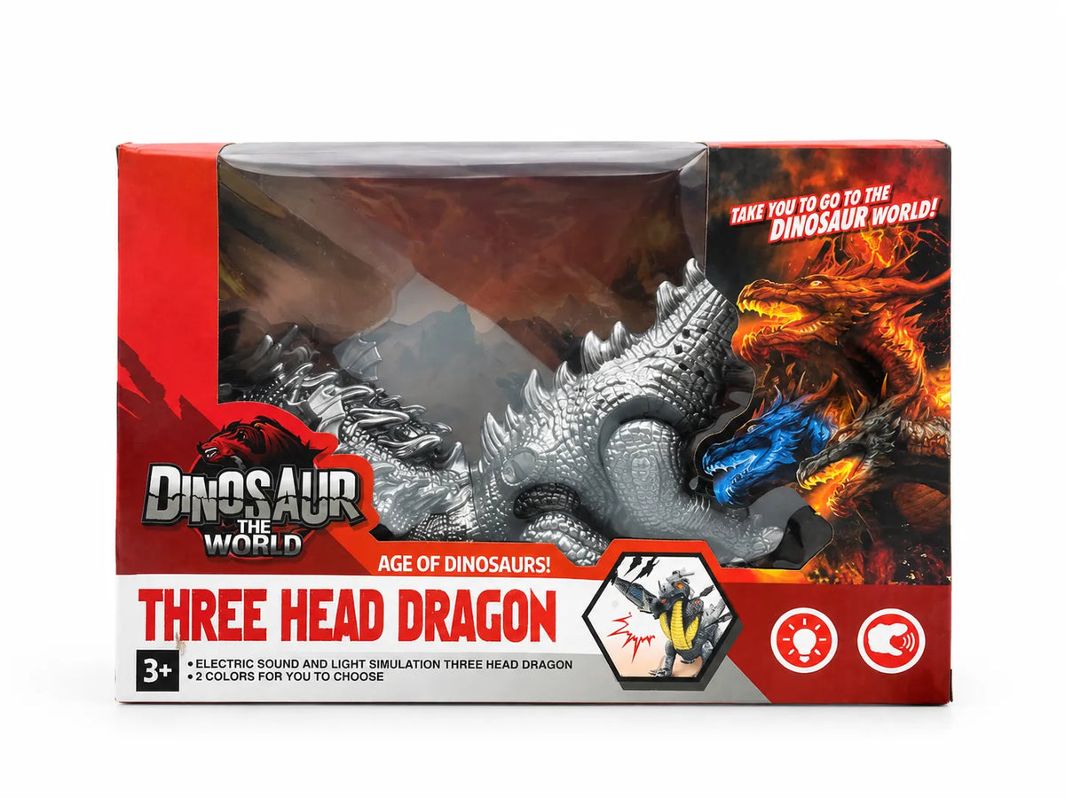 Three Head Dragon retail box marked electric sound and light and ages 3 plus