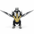 Front view of a silver and black three-headed dragon toy with spread wings and yellow chest