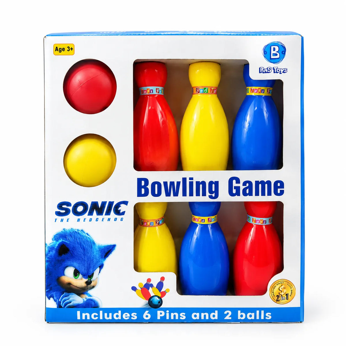 Sonic-themed kids bowling set box showing six red, yellow and blue pins and two balls, labelled ages 3+