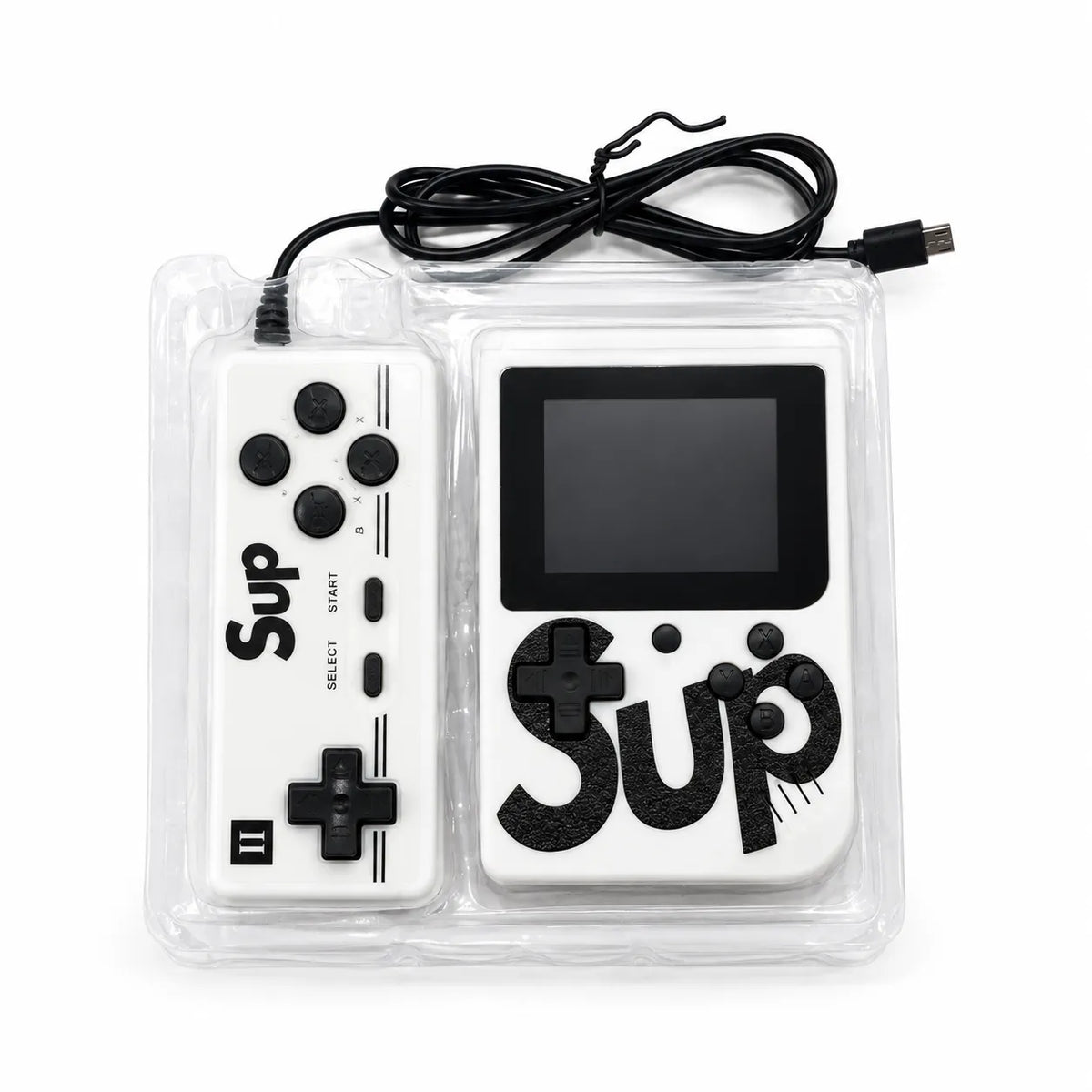 Back of SUP handheld game console box showing control labels and rechargeable battery specifications