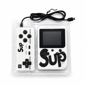 Back of SUP handheld game console box showing control labels and rechargeable battery specifications