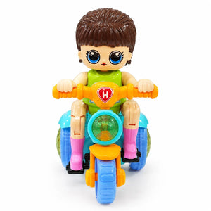 Stunt Tricycle toy packaging showing doll rider, stunt action and ages 3+ marking
