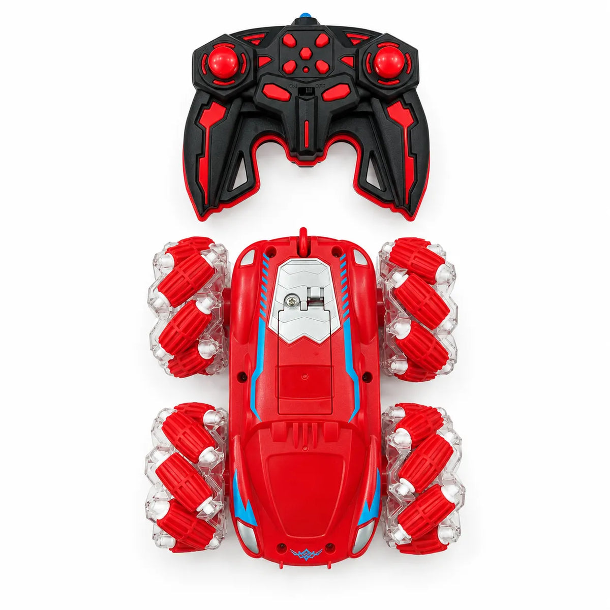 Red RC stunt car with blue accents, roller-style wheels and black-and-red handheld controller
