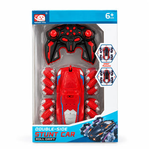 Red double-sided RC stunt car and black-and-red remote in Tebaofa Toys packaging marked 360° rotate and ages 6+