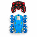 Blue double-sided RC stunt car with angled roller wheels and black and red handheld remote