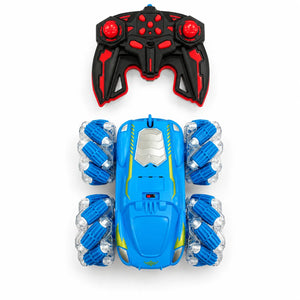 Blue double-sided RC stunt car with angled roller wheels and black and red handheld remote