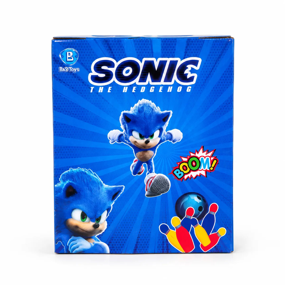 Blue back of the Sonic-themed bowling game box with Sonic artwork and a bowling illustration