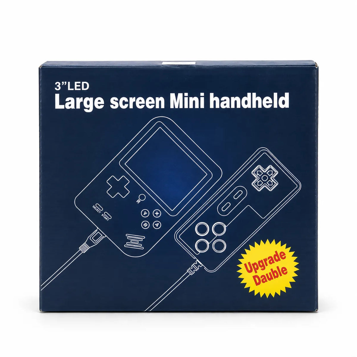 Front of SUP mini handheld game console packaging showing a 3-inch screen and separate controller