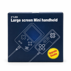 Front of SUP mini handheld game console packaging showing a 3-inch screen and separate controller