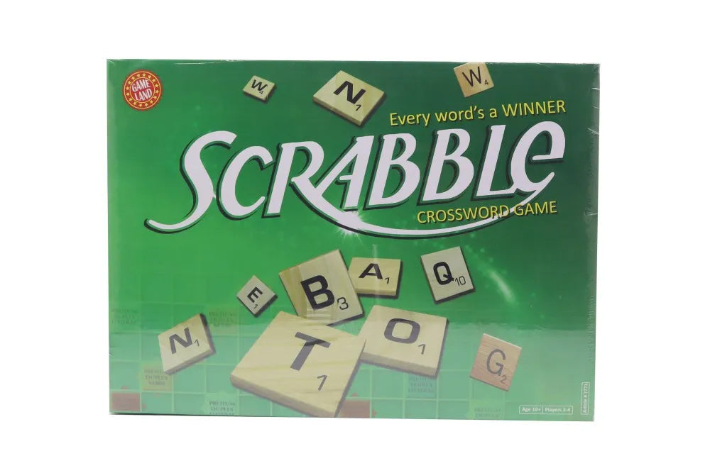 Scrabble crossword board game box front, green with letter cubes and SCRABBLE logo
