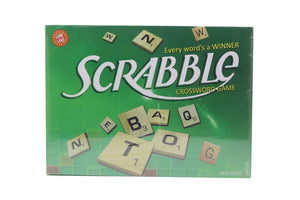 Scrabble crossword board game box front, green with letter cubes and SCRABBLE logo