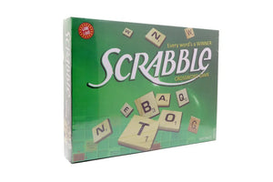 Scrabble crossword board game box front view, green with letter tiles and crossword grid