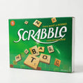 Scrabble crossword board game box, green with letter tiles and SCRABBLE logo