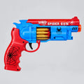 Red-and-blue Spider toy gun with web graphics, gold-coloured cartridge detailing and No.196 marking, side view